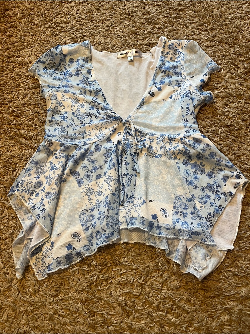 Y2K Blue Floral Tie-Front Peplum Top